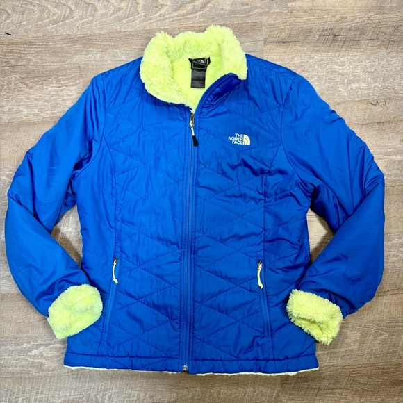 The North Face Mossbud Jacket Reversible Quilted Jacket Lime Green Fleece Lining - Picture 1 of 13